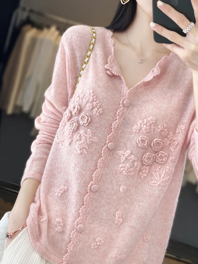 Embroidery Thread Yarn - Women's 100% Pure Cashmere Cardigan round