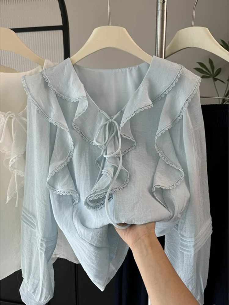 Embroidery Designer - French V-Neck Chic Long Sleeved Blouse